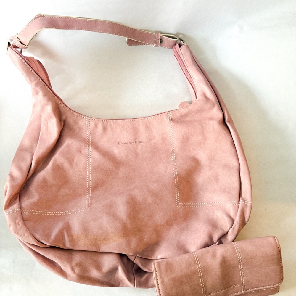 Benetton Lilac Leather Shoulder Bag and Wallet Set. Vintage Hobo. Lavender